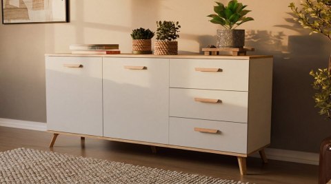 Komoda OLYMPO 2D3S BIAŁA DĄB ARTISAN Szafka 150 Cm 3 Szuflady 2 Drzwi