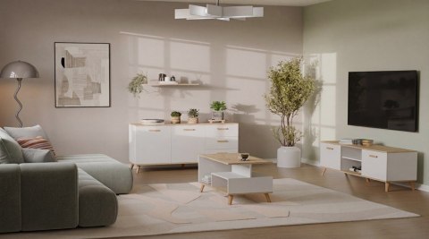 Komoda OLYMPO 2D3S BIAŁA DĄB ARTISAN Szafka 150 Cm 3 Szuflady 2 Drzwi
