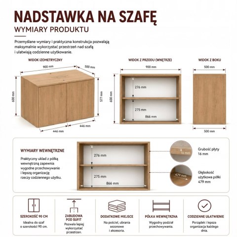 Nadstawka Na Szafę SD-90 DĄB ARTISAN Półka 90 cm Do Garderoby Pokoju