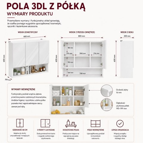 Szafka Łazienkowa Wisząca POLA 3DL/P BIAŁY 80 Cm 3 Lustra z Półką